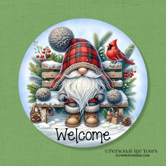 Wreath Sign * Winter Welcome Gnome * Round * Lightweight Metal