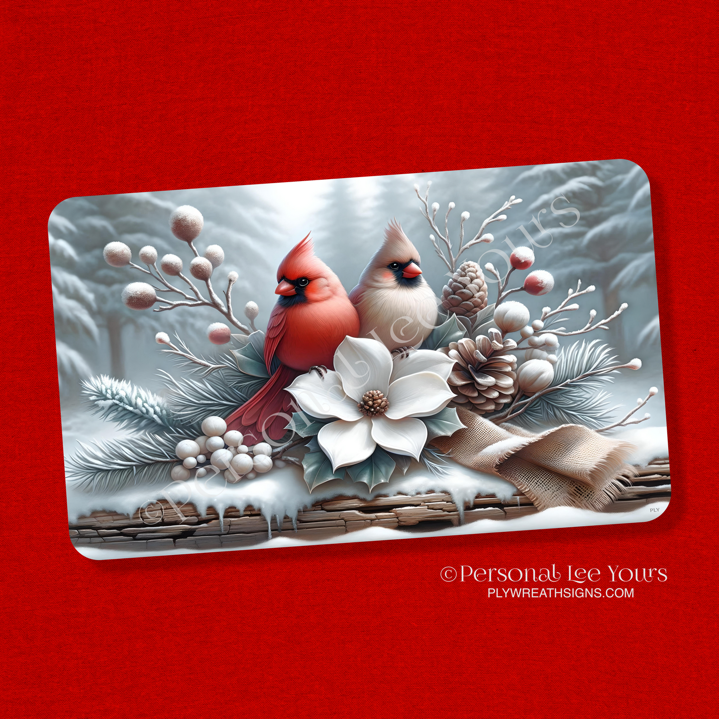 Wreath Sign * Winter's Beauty - Cardinals * Horizontal * 3 Sizes * Lightweight Metal