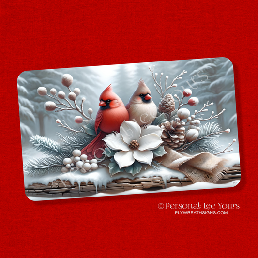 Wreath Sign * Winter's Beauty - Cardinals * Horizontal * 3 Sizes * Lightweight Metal