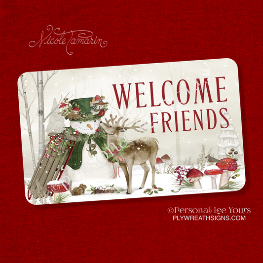 Nicole Tamarin Exclusive Sign * Woodland Snowman and Deer * Horizontal * 3 Sizes * Lightweight Metal