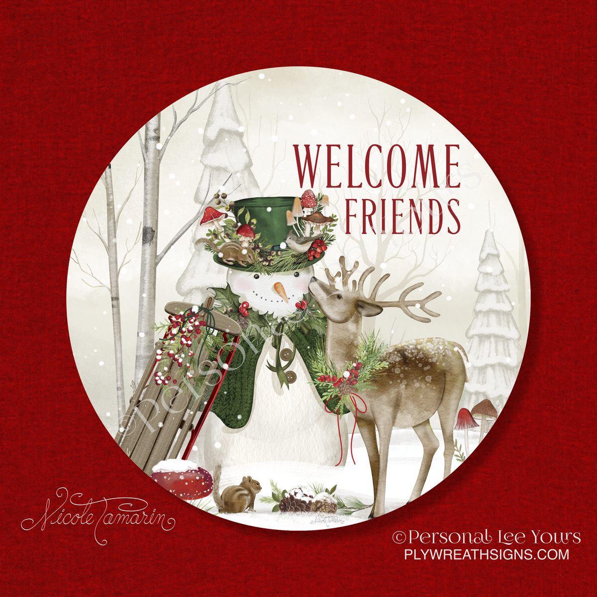Nicole Tamarin Exclusive Sign * Woodland Snowman and Deer * 4 sizes *  Round * Lightweight Metal