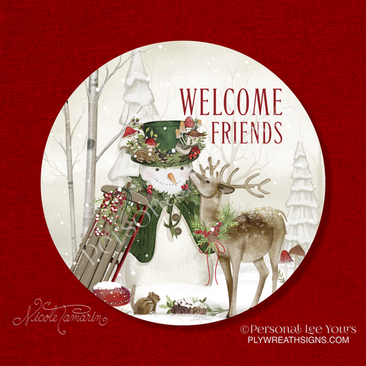 Nicole Tamarin Exclusive Sign * Woodland Snowman and Deer * 4 sizes *  Round * Lightweight Metal