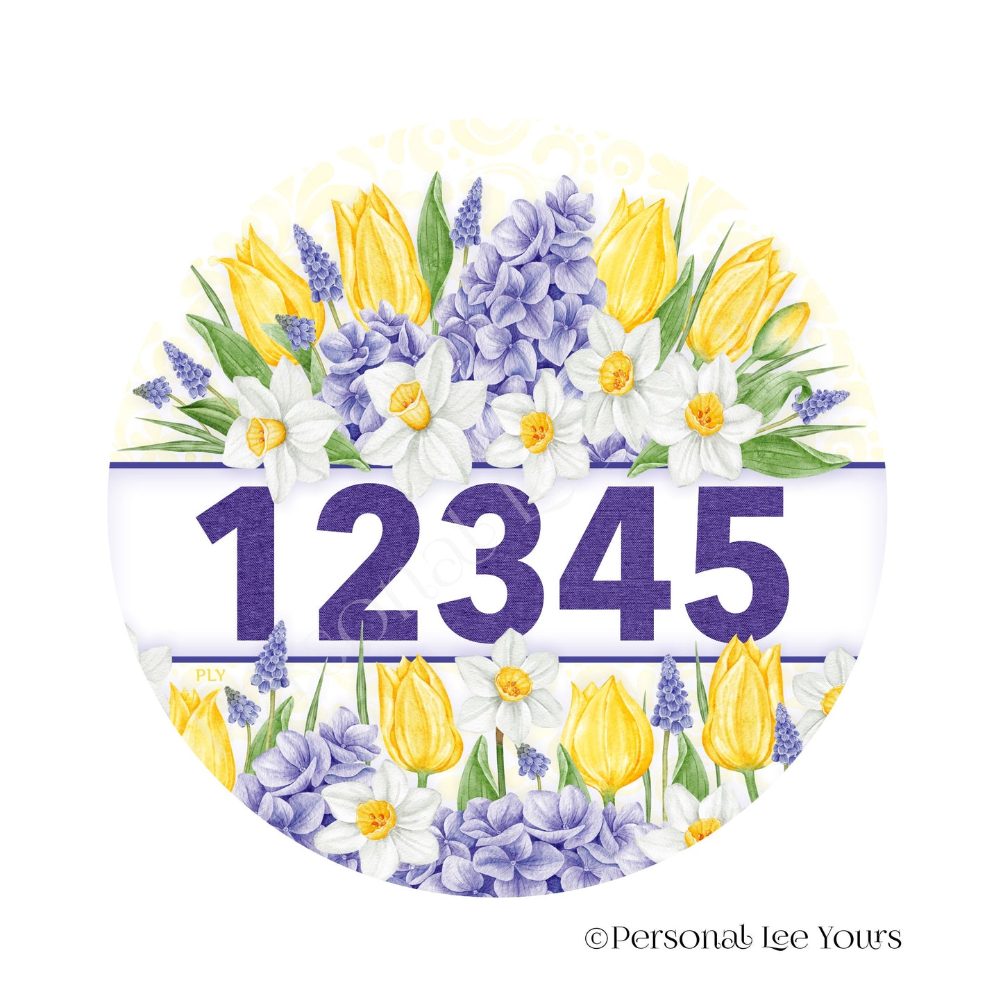 Personalized Wreath Sign * Yellow Tulips and Hydrangeas * Your House Number * Round * Lightweight Metal