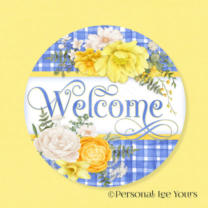 Wreath Sign * Yellow and Blue Welcome * Round* Lightweight Metal