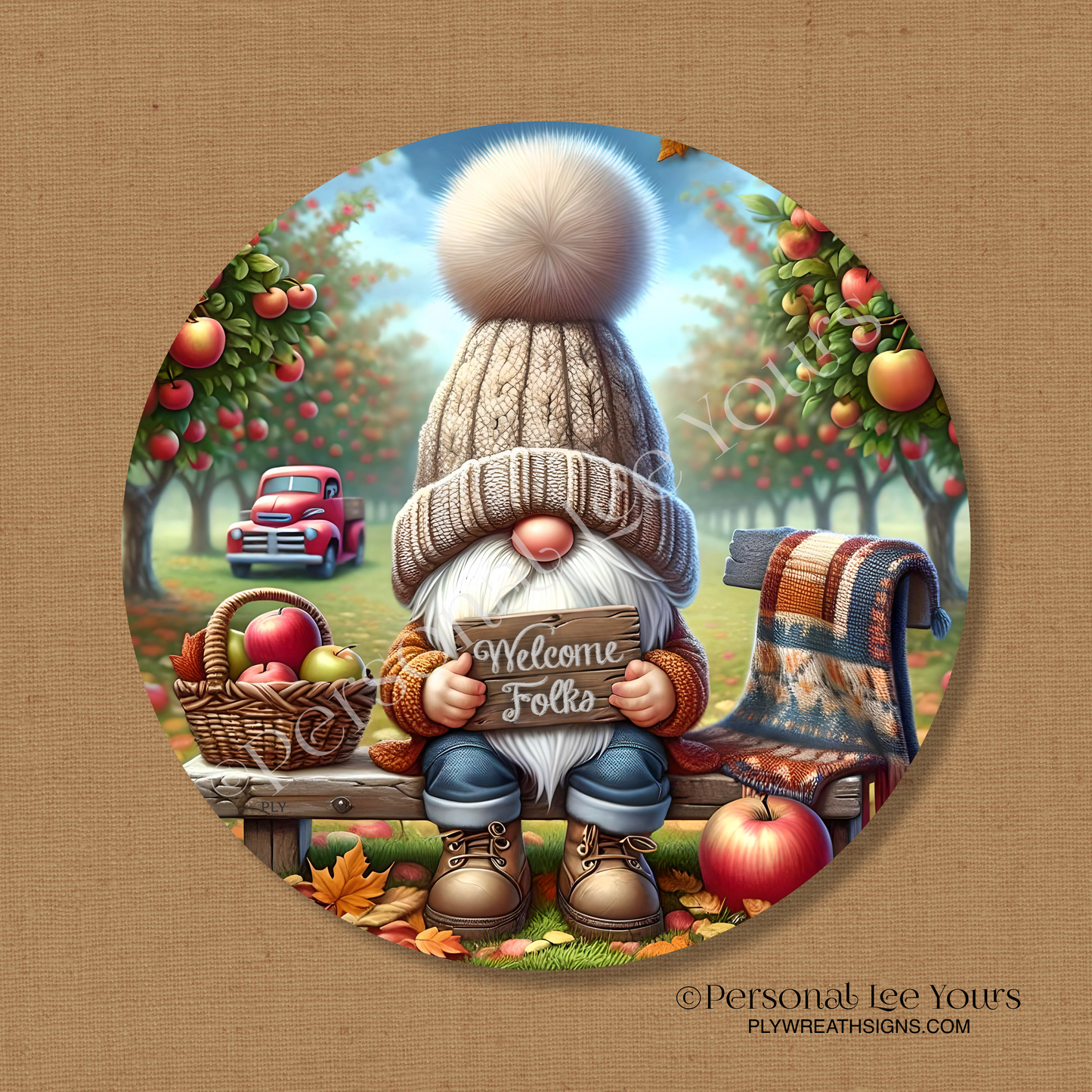 Wreath Sign * Apple Orchard Gnome * Round * Lightweight Metal