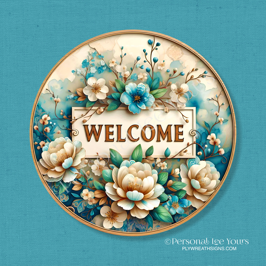 Wreath Sign * A Touch Of Teal Welcome * Round * Lightweight Metal