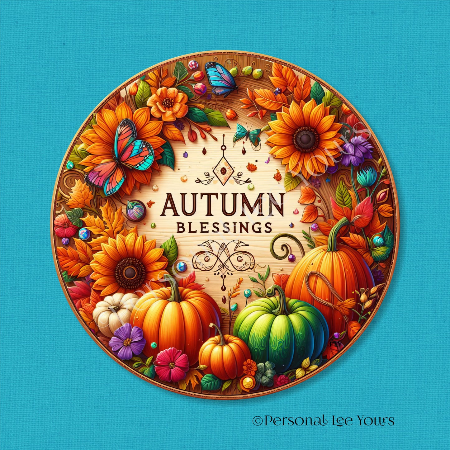 Wreath Sign * Autumn Blessings Vivid Pumpkins * Round * Lightweight Metal