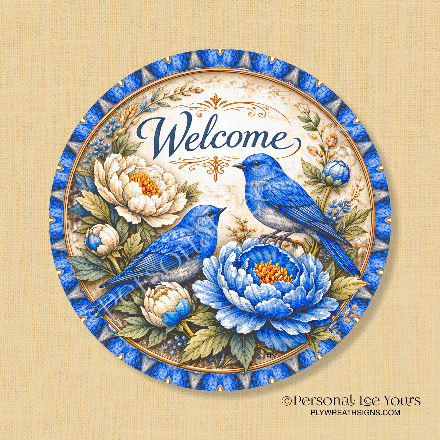 Wreath Sign * Beautiful Bluebird Welcome * Round * Lightweight Metal
