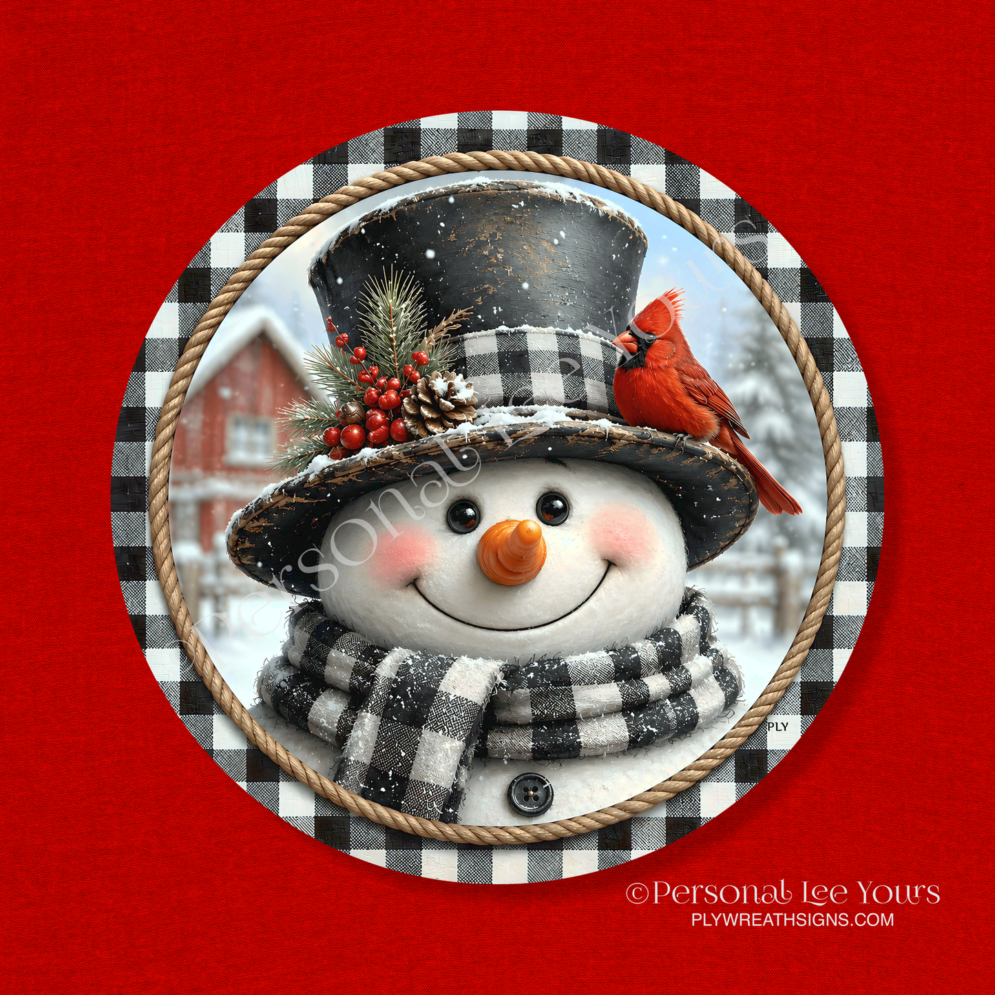 Wreath Sign * Black and White Snowman  * Round * Lightweight Metal