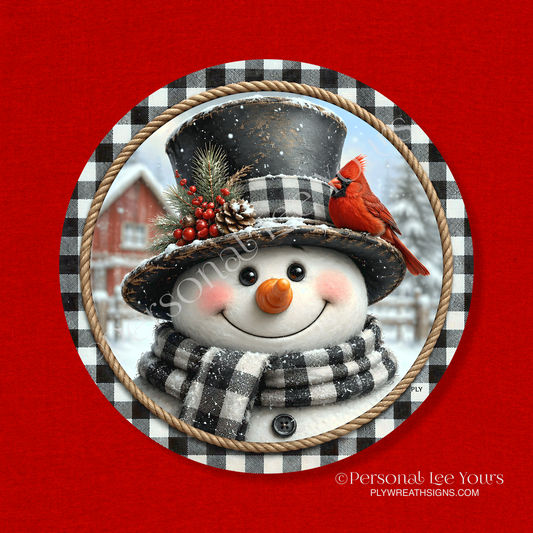 Wreath Sign * Black and White Snowman  * Round * Lightweight Metal