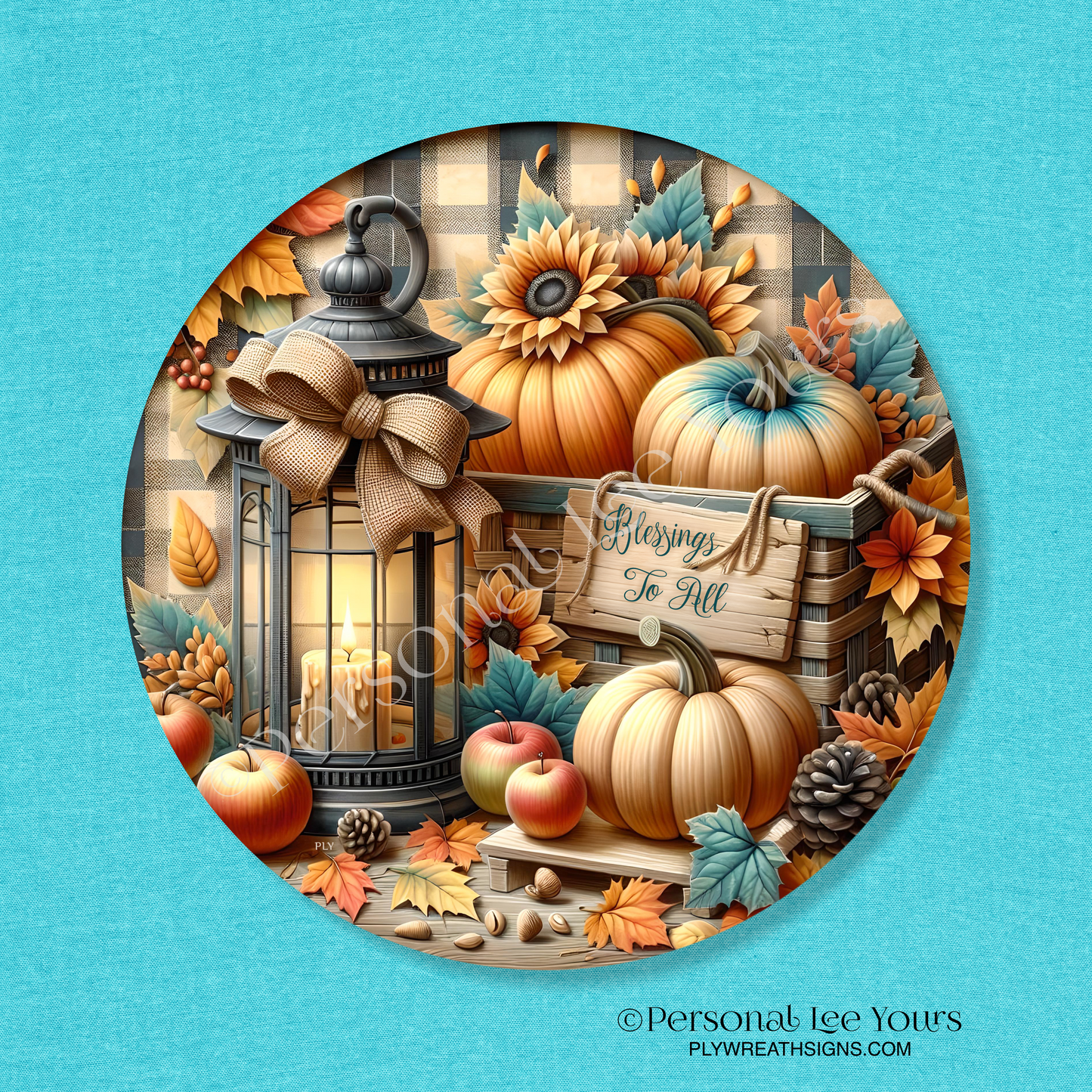 Wreath Sign * Autumn Blessings To All * Round * Lightweight Metal