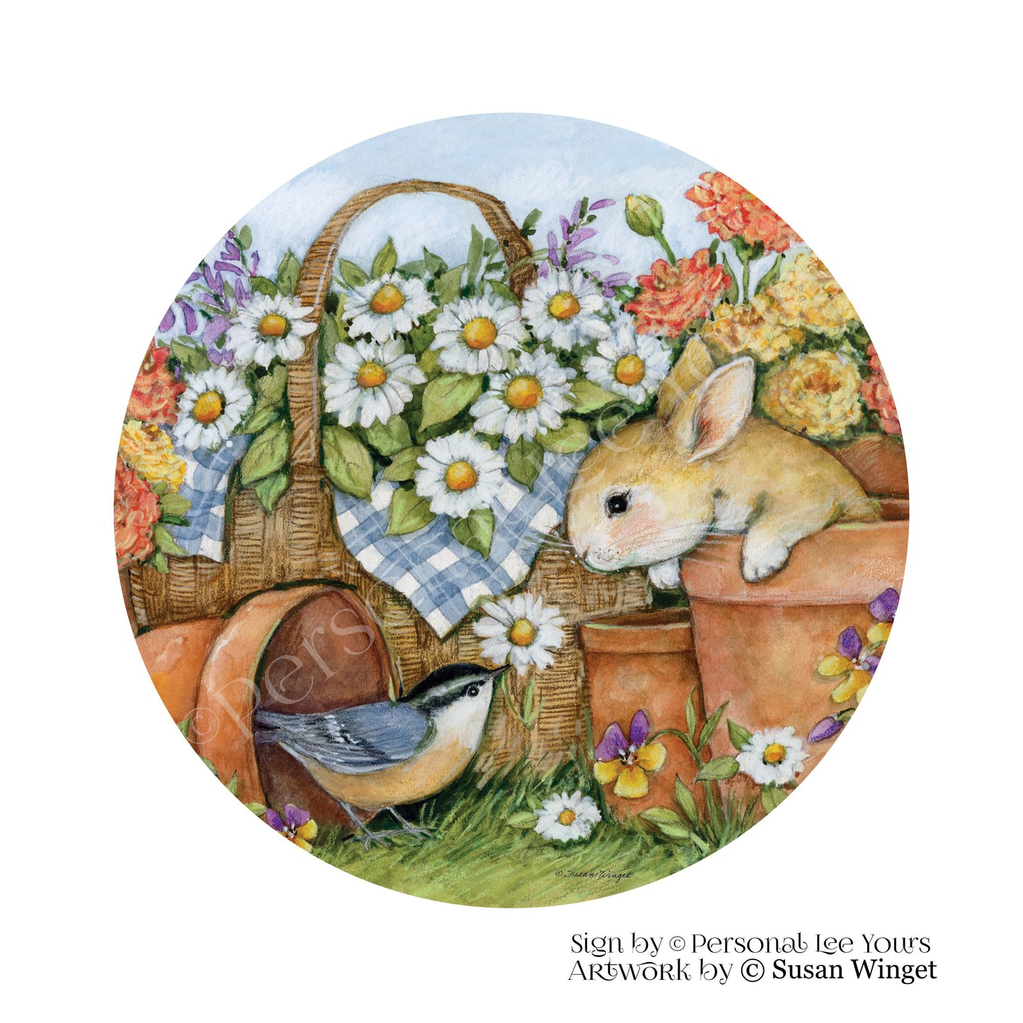 Susan Winget Exclusive Sign * Bunny In Flower Pot * Round * Lightweight Metal