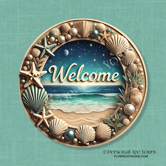 Wreath Sign * By The Sea Welcome * Round * Lightweight Metal