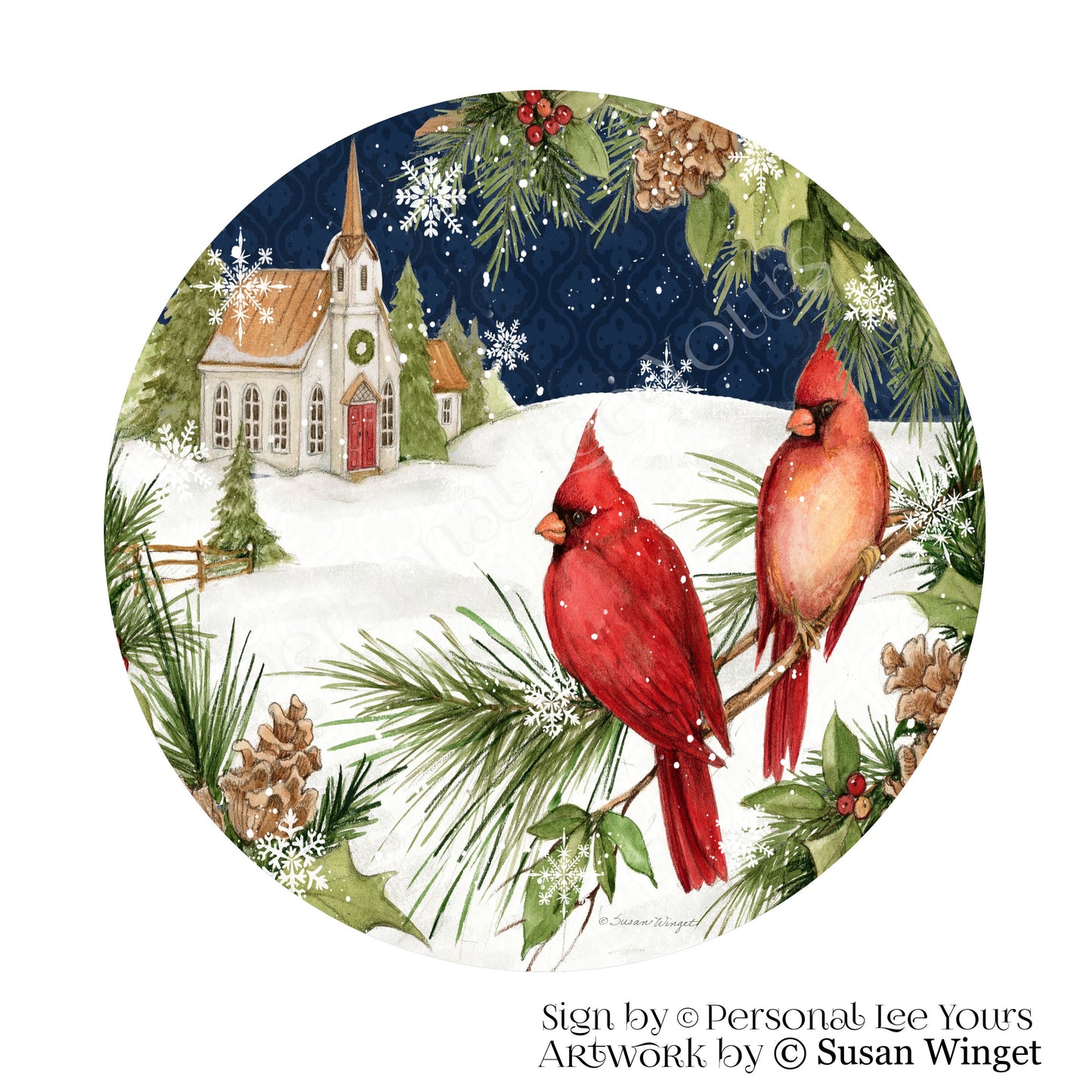 Susan Winget Exclusive Sign * Christmas Cardinals At The Church * Round * Lightweight Metal