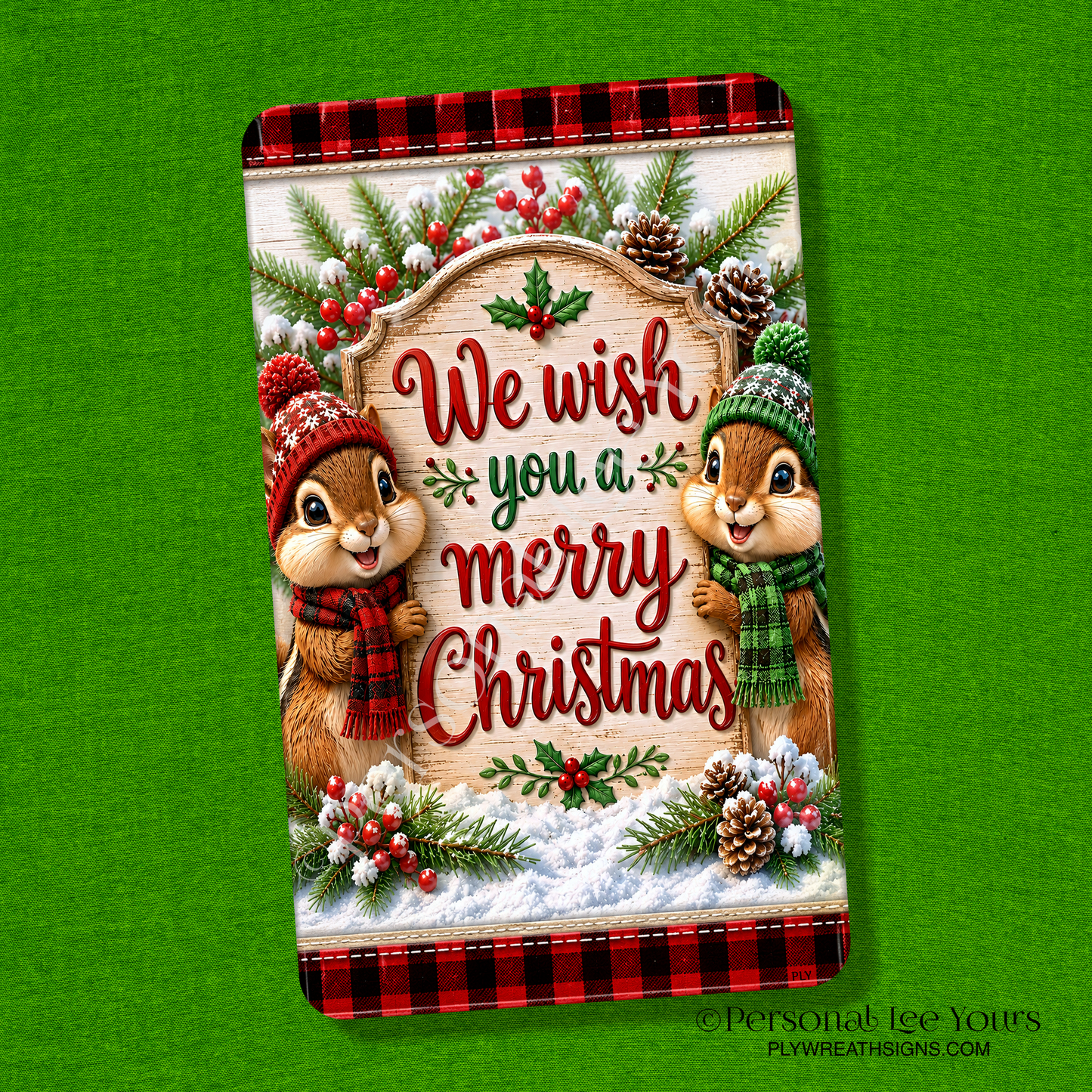 Wreath Sign * Chipmunk Christmas * Vertical *  3 Sizes * Lightweight Metal