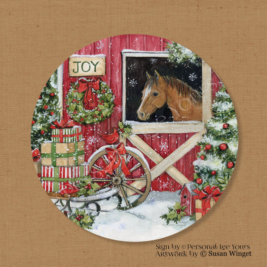 Susan Winget Exclusive Sign * Christmas Horse In Snowy Barn * Round * Lightweight Metal