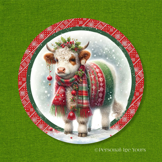 Holiday/Winter Wreath Sign * Christmas Farm Animals, Highland Cow 2 * Round * Lightweight Metal