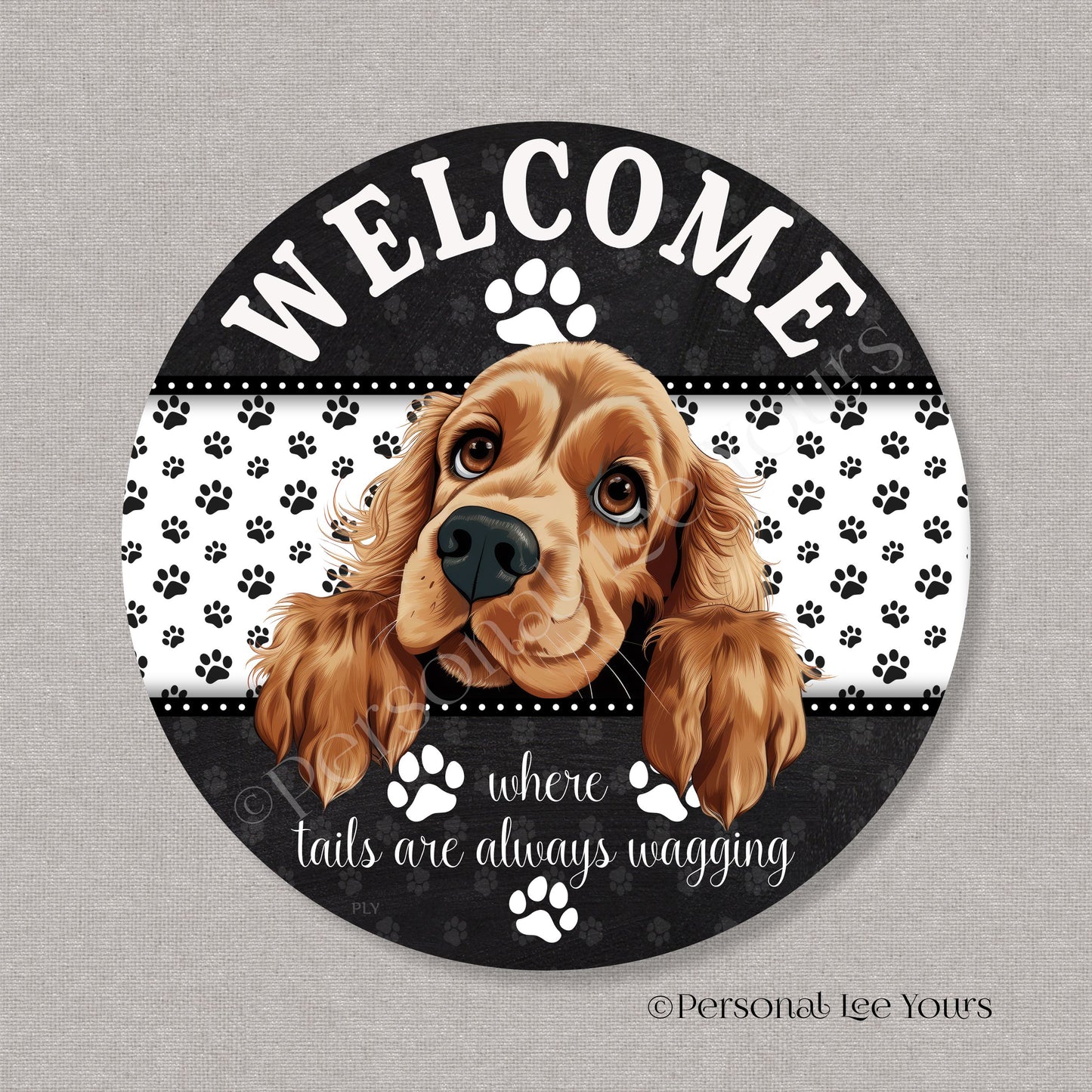 Peeking Pups Wreath Sign * Cocker Spaniel *  Round * Lightweight Metal