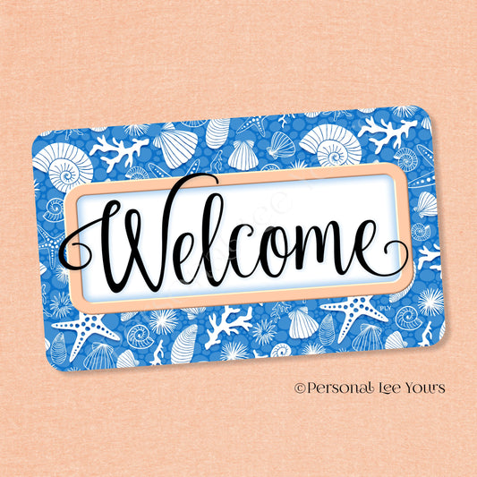 Simple Welcome Wreath Sign * Coastal Royal Blue and Peach * Horizontal * Lightweight Metal