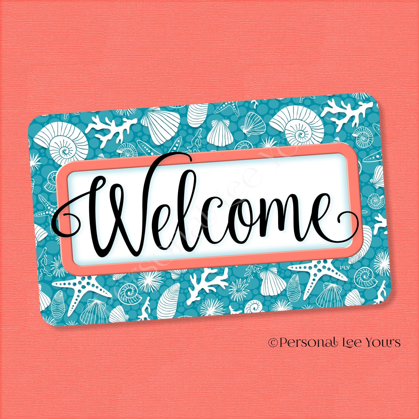 Simple Welcome Wreath Sign * Coastal Teal and Coral * Horizontal * Lightweight Metal