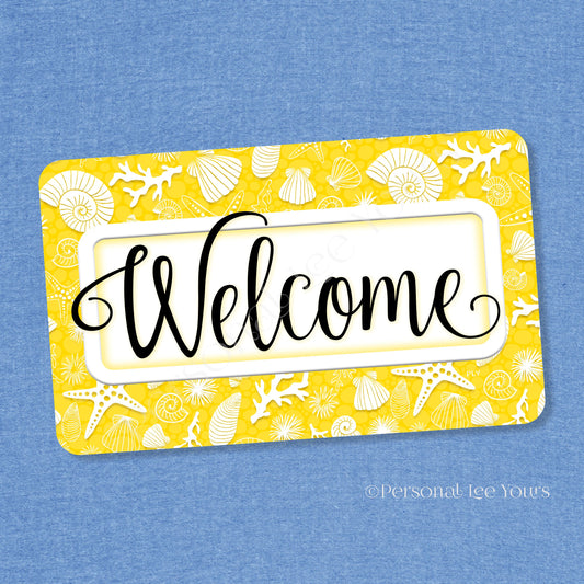 Simple Welcome Wreath Sign * Coastal Yellow and White * Horizontal * Lightweight Metal