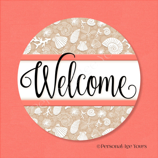 Simple Welcome Wreath Sign * Coastal Beige and Coral * Round * Lightweight Metal