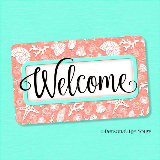 Simple Welcome Wreath Sign * Coastal Coral and Mint * Horizontal * Lightweight Metal