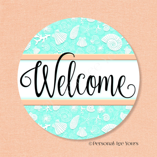 Simple Welcome Wreath Sign * Coastal Mint and Peach * Round * Lightweight Metal