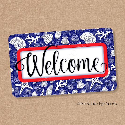Simple Welcome Wreath Sign * Coastal Navy and Red * Horizontal * Lightweight Metal