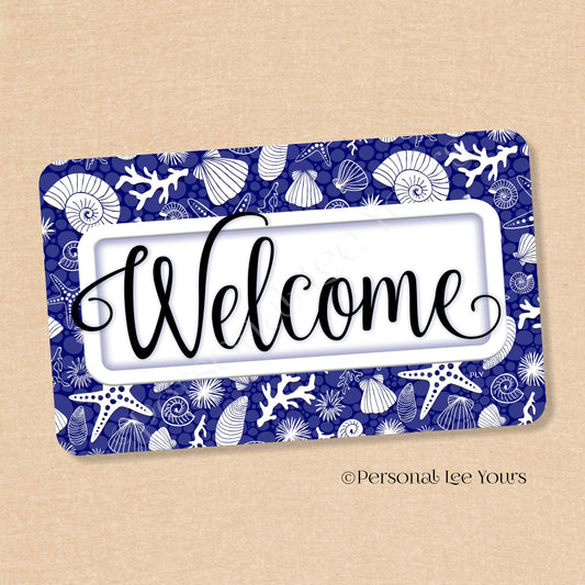 Simple Welcome Wreath Sign * Coastal Navy and White * Horizontal * Lightweight Metal