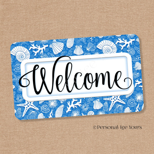 Simple Welcome Wreath Sign * Coastal Royal Blue and White * Horizontal * Lightweight Metal