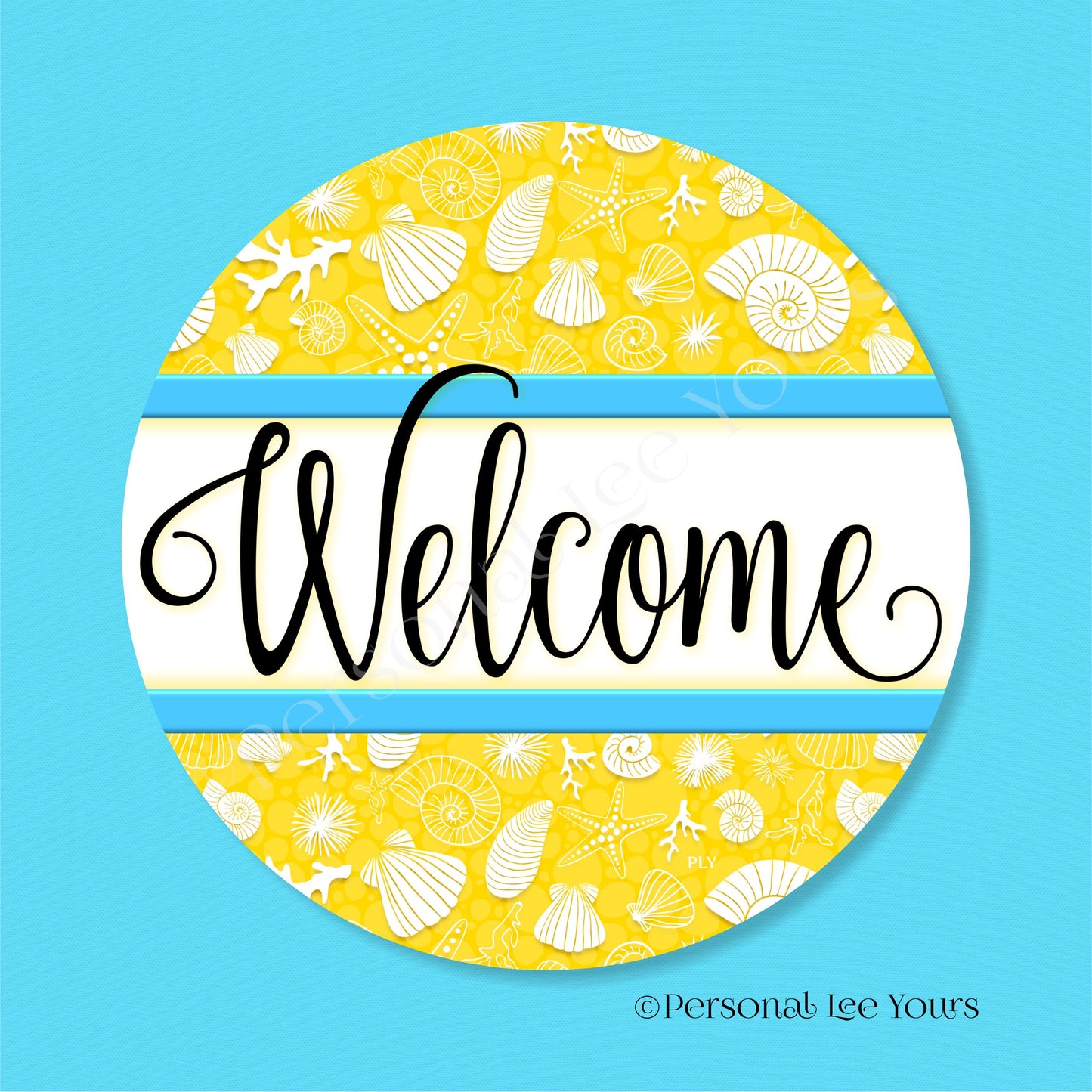 Simple Welcome Wreath Sign * Coastal Yellow and Turquoise * Round * Lightweight Metal