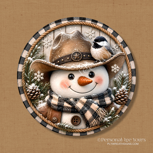 Wreath Sign * Cowboy Snowman  * Round * Lightweight Metal