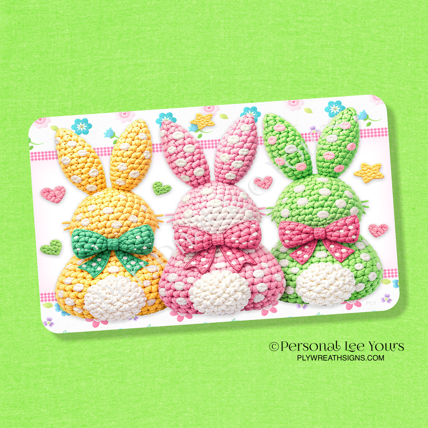 Easter Wreath Sign * Crochet Bunnies * Horizontal * 3 Sizes * Lightweight Metal