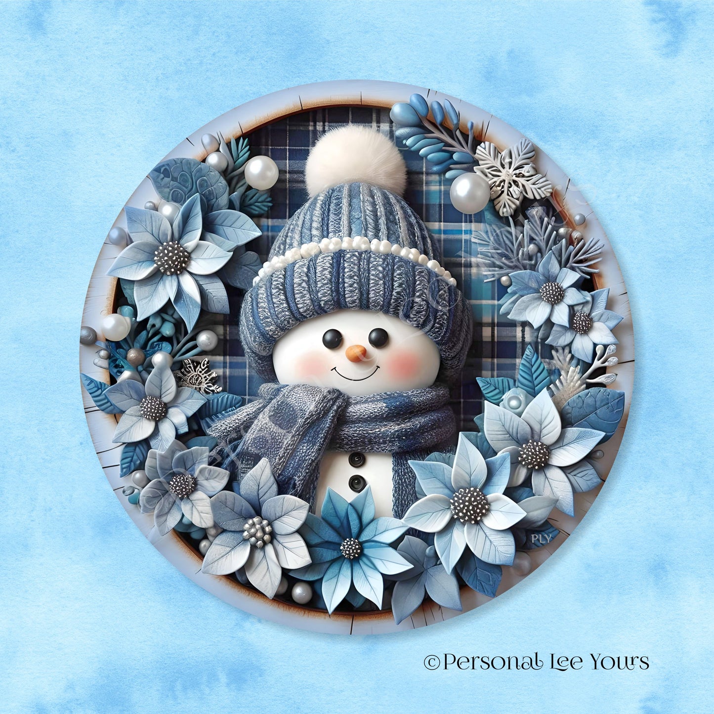 Holiday/Winter Wreath Sign * Cute Snowman In Blue * Round * Lightweight Metal