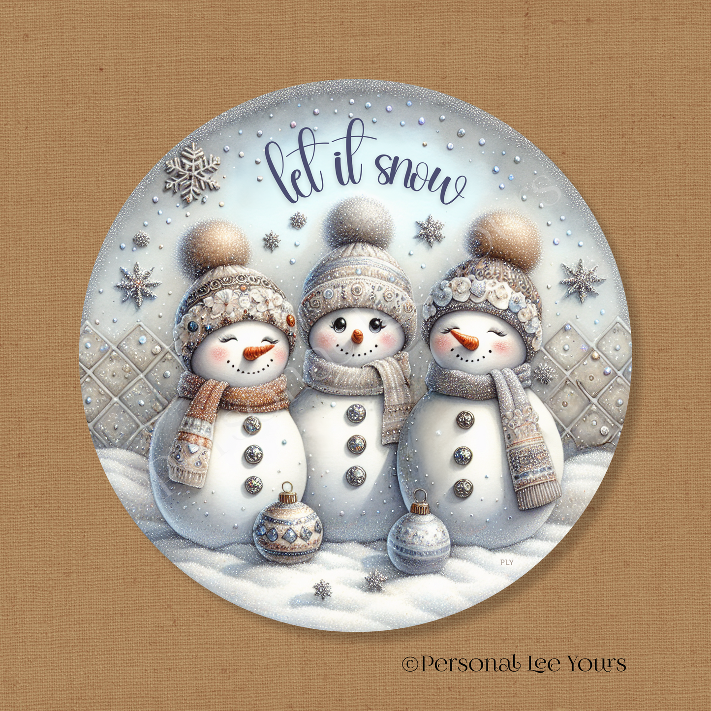 Winter/Holiday Wreath Sign * Cute Snowmen, Let It Snow * Round * Lightweight Metal