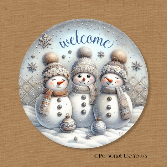 Winter/Holiday Wreath Sign * Cute Snowmen, Welcome * Round * Lightweight Metal