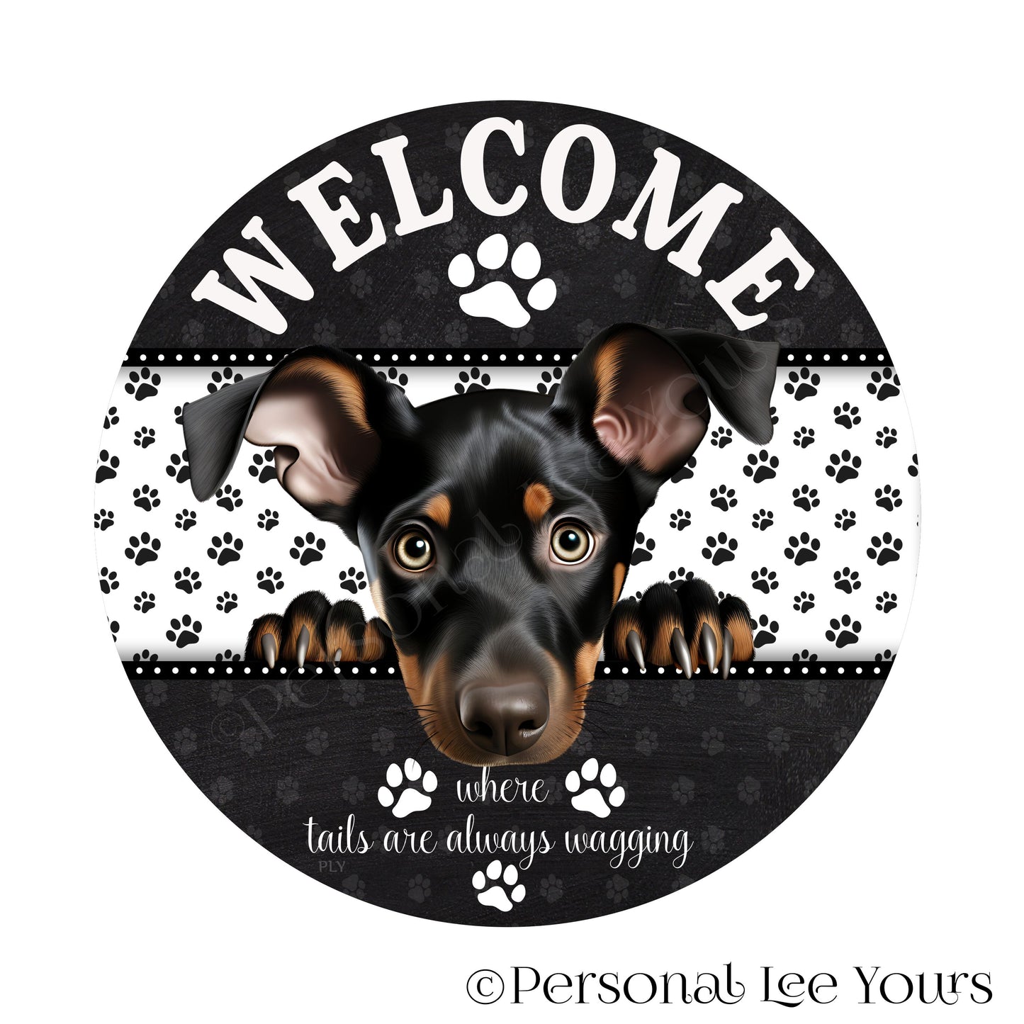 Peeking Pups Wreath Sign * Doberman Pinscher *  Round * Lightweight Metal