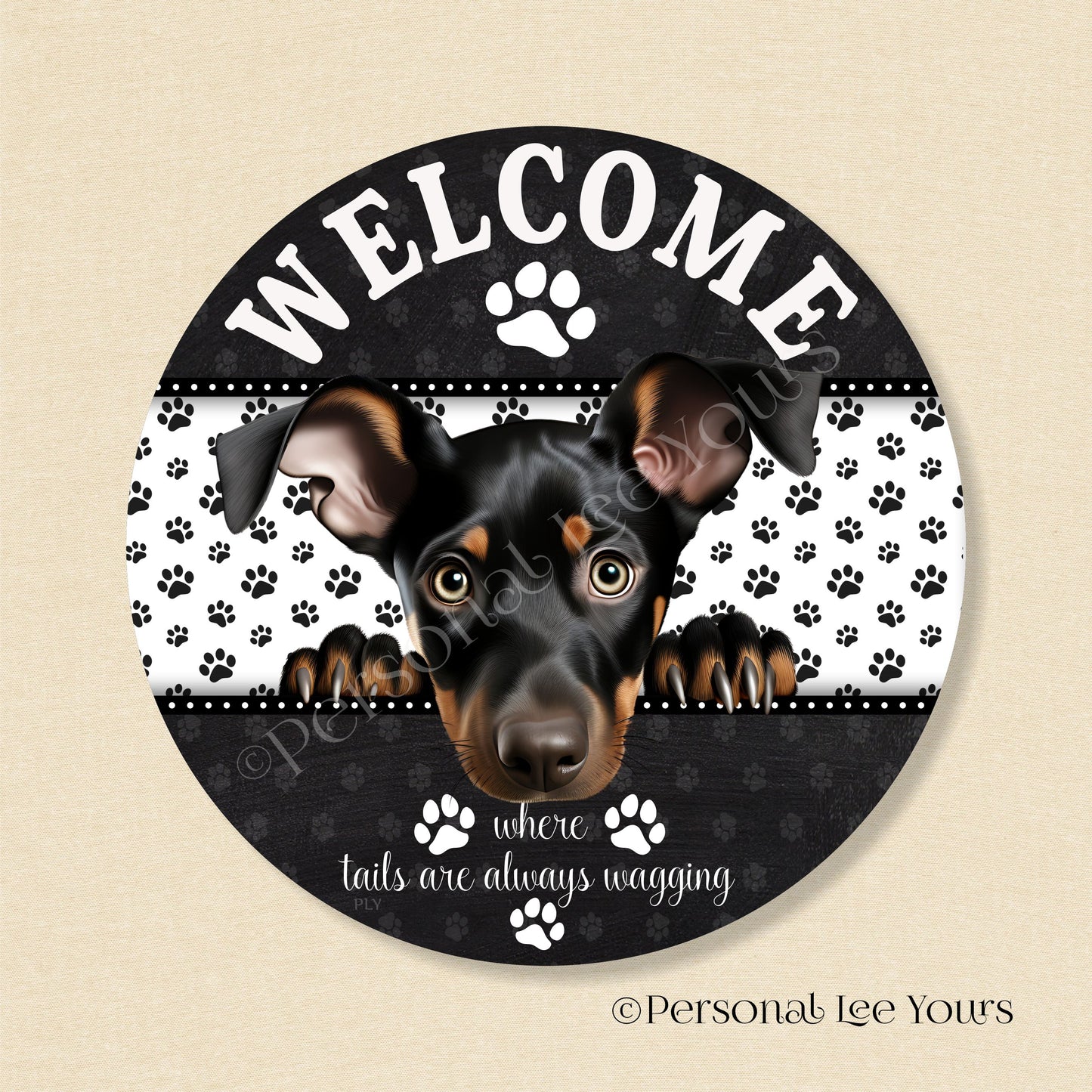 Peeking Pups Wreath Sign * Doberman Pinscher *  Round * Lightweight Metal