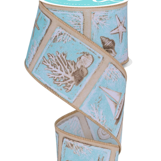 Wired Ribbon * Coastal Blocks * Beige, Mint, Brow and White * 2.5" x 10 Yards * Canvas * RGF14102Y