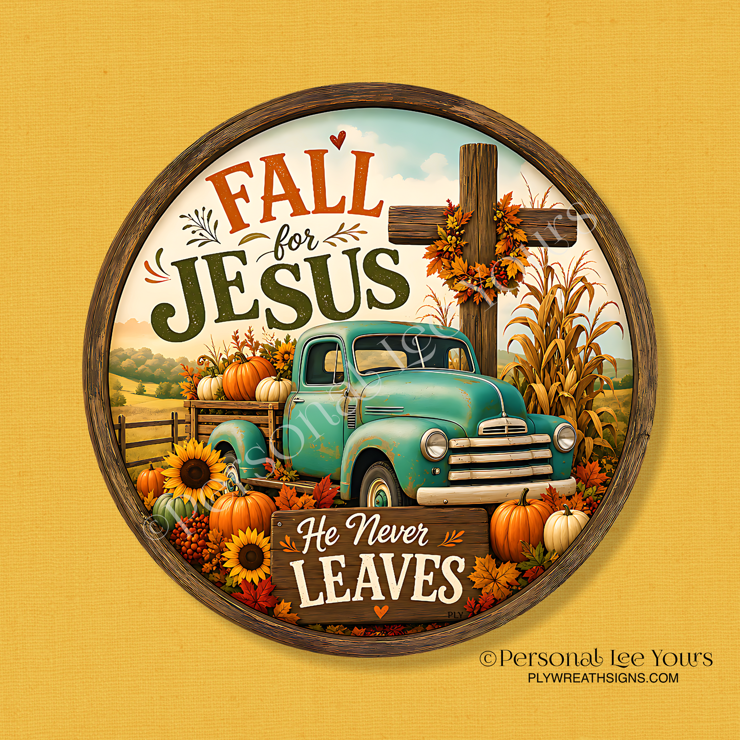 Wreath Sign *  Fall For Jesus Truck * Round * Lightweight Metal