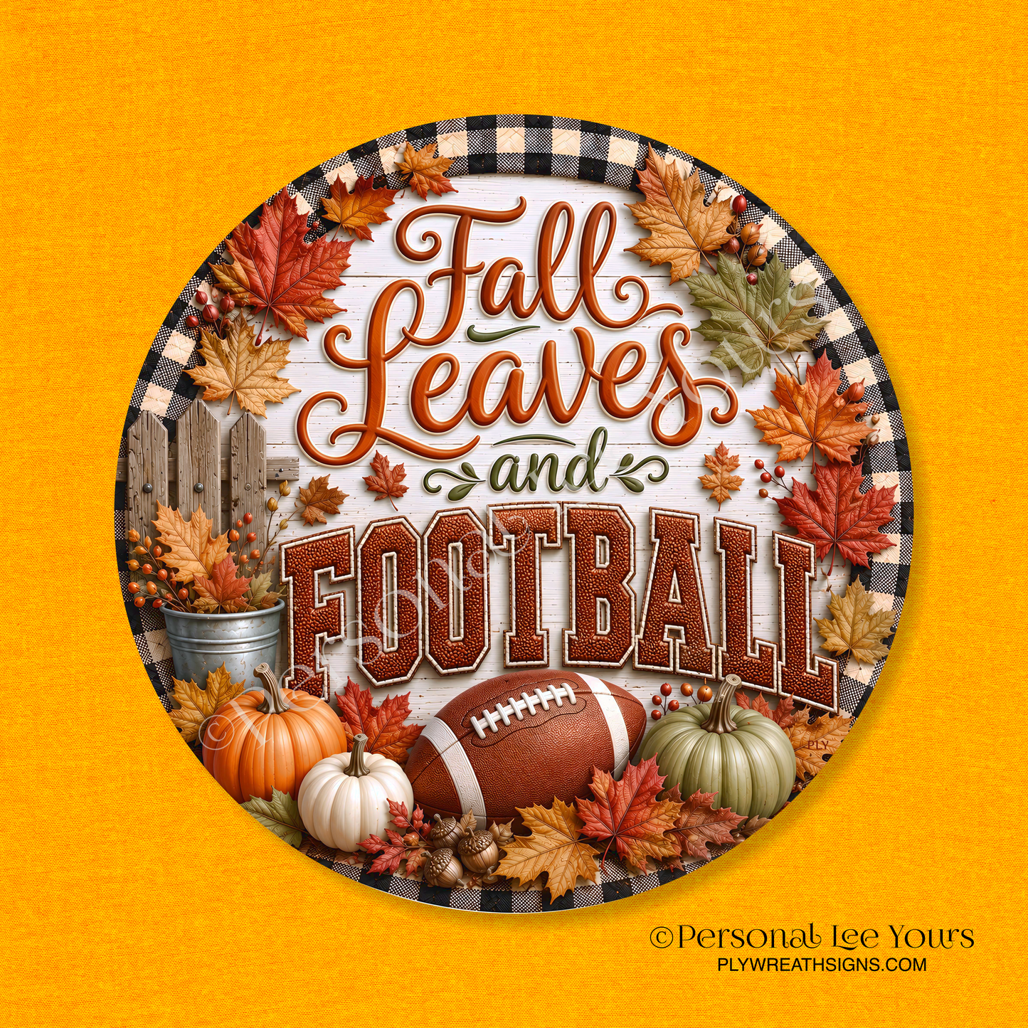 Wreath Sign *  Fall Leaves and Football * Round * Lightweight Metal