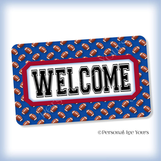 Simple Welcome Wreath Sign * Football, New York Blue and Red * Horizontal * Lightweight Metal