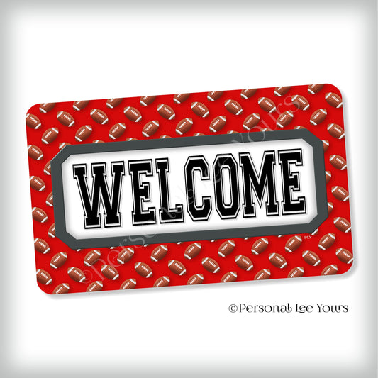 Simple Welcome Wreath Sign * Football, Tampa Bay Red and Pewter * Horizontal * Lightweight Metal