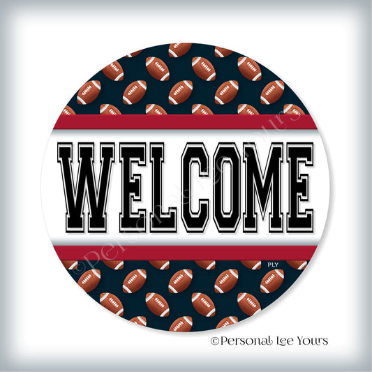 Simple Welcome Wreath Sign * Football, Houston Blue and Red * Round * Lightweight Metal