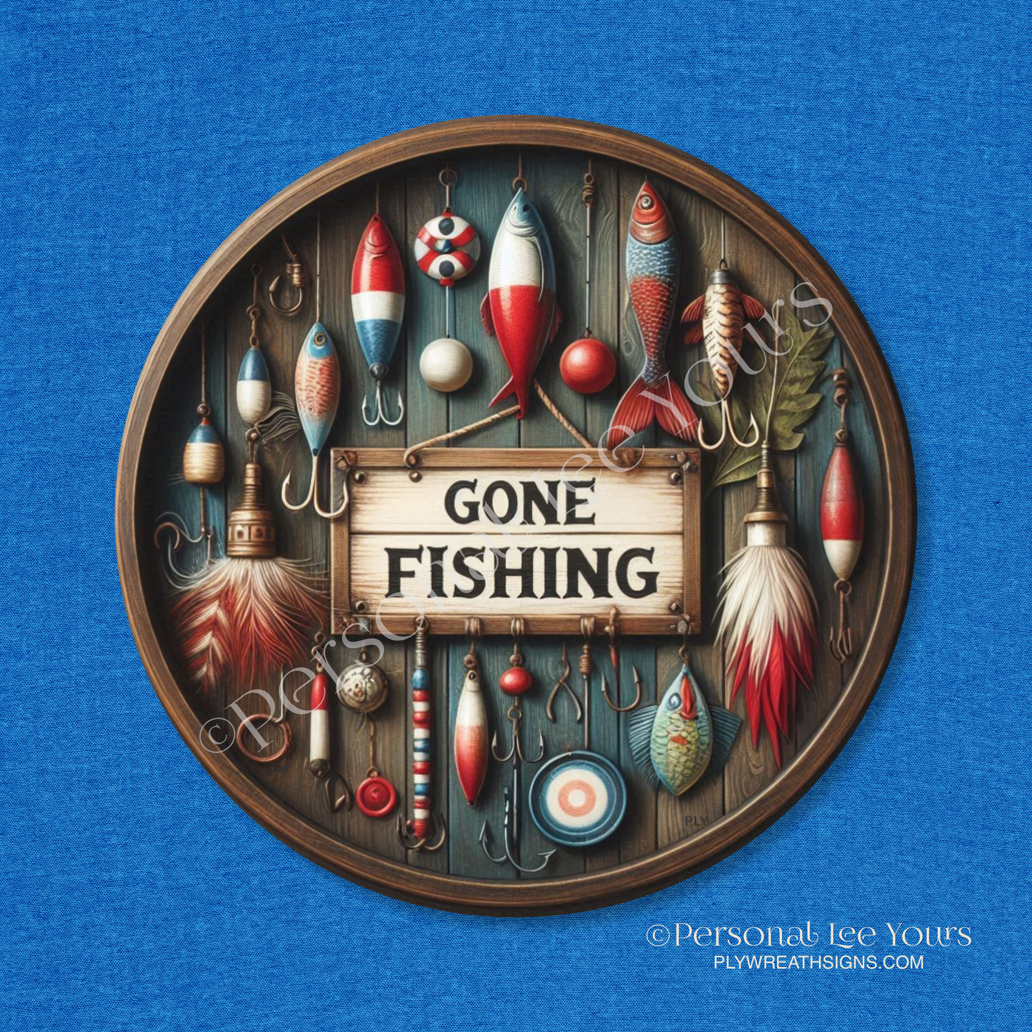 Wreath Sign * Fish Lures, Gone Fishing * Round * Lightweight Metal