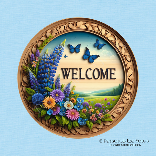 Wreath Sign * Floral and Butterfly Welcome * Round * Lightweight Metal
