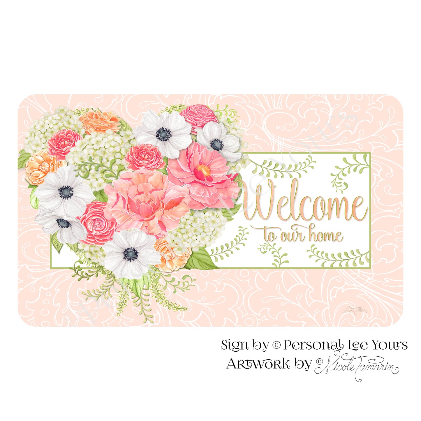 Nicole Tamarin Exclusive Sign * Floral Heart Welcome * Horizontal * 4 Sizes * Lightweight Metal