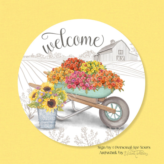 Nicole Tamarin Exclusive Sign * Flowering Welcome * Farmhouse * Round * Lightweight Metal