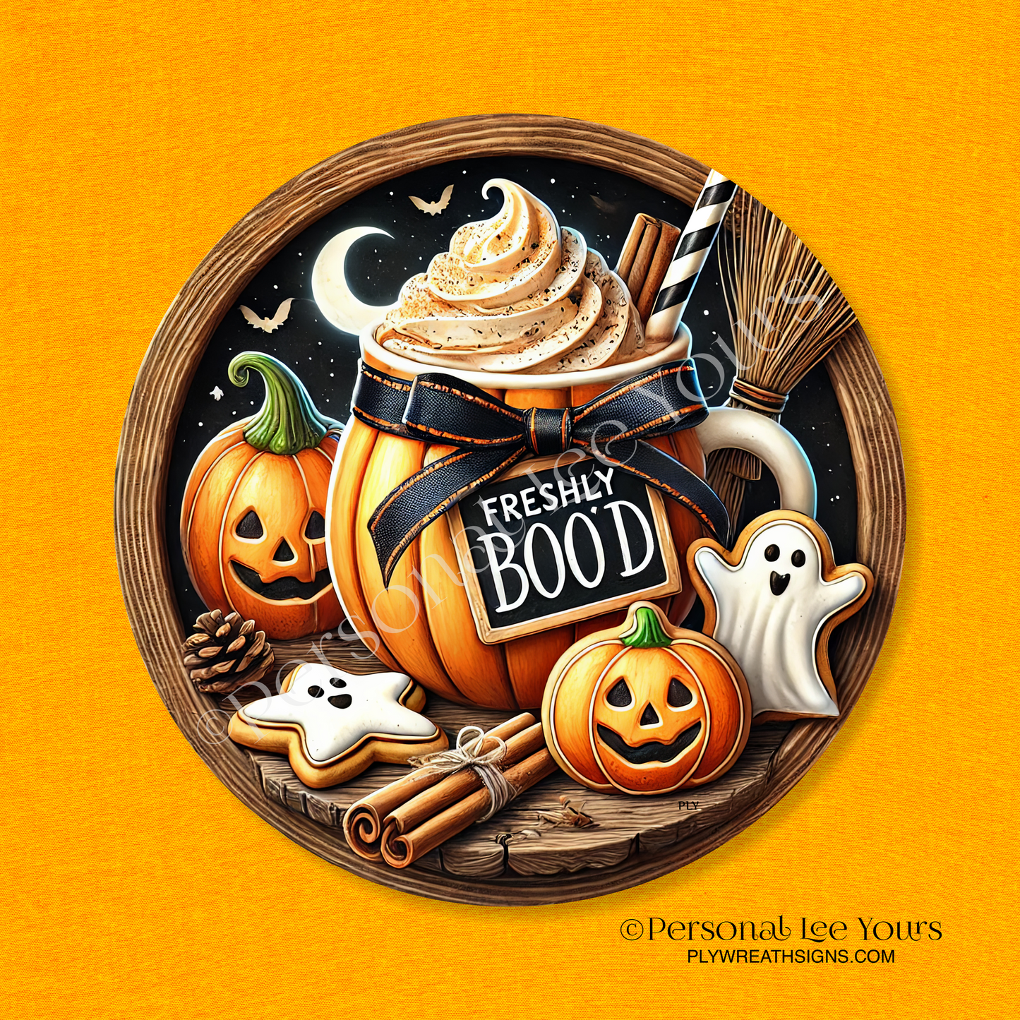 Wreath Sign * Halloween, Freshly Boo'd * Round * Lightweight Metal